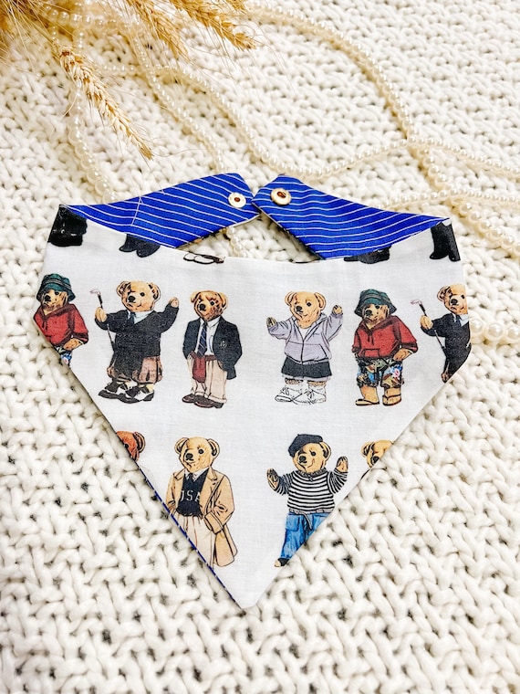 Teddy Bear Dog Bandana, PrepReversible Curved Neck Snap On, Dot Pet Collar, Spring Animal Scarf, Dog Mom Gift, Matching Set,Cat handkerchief