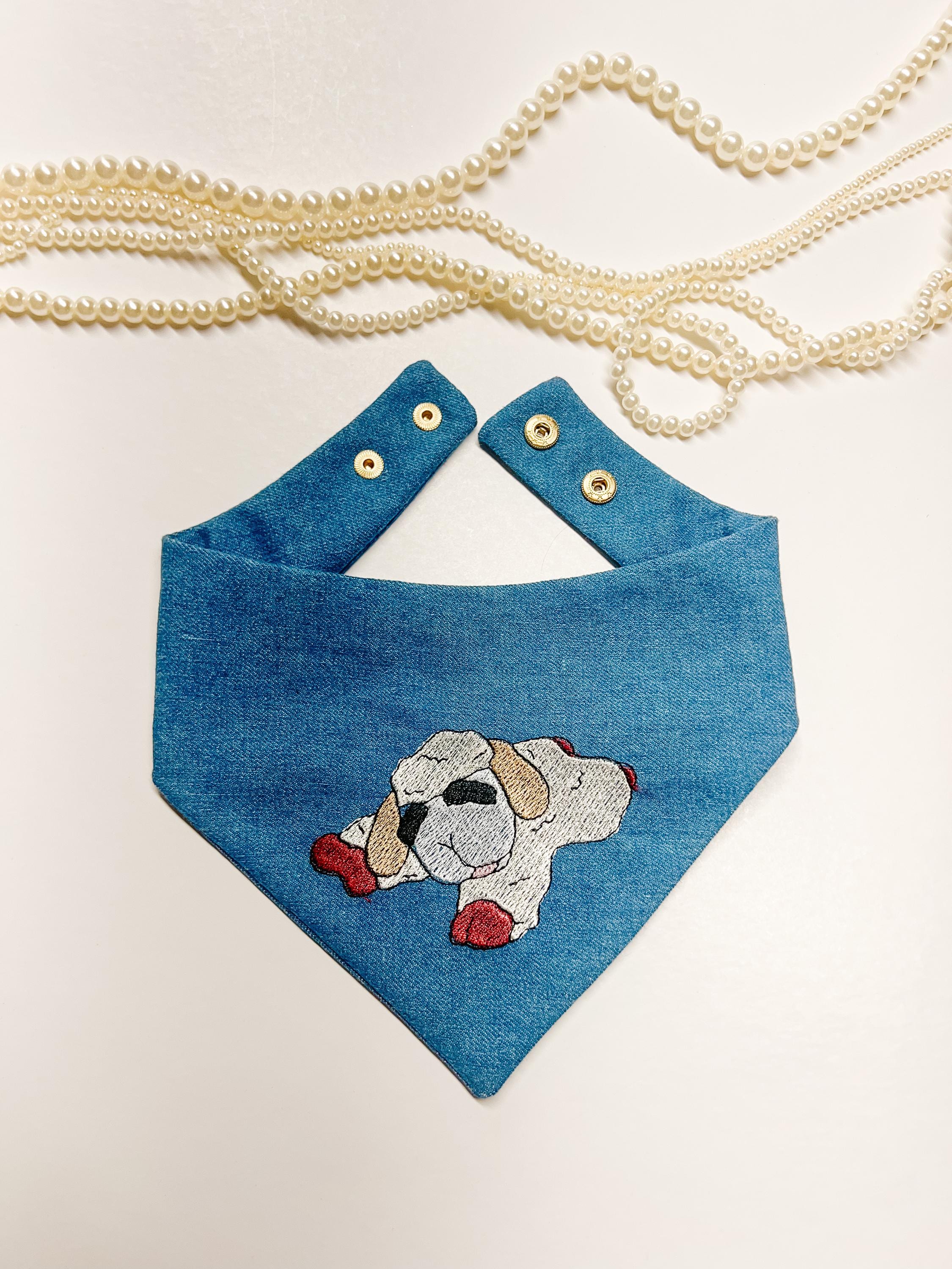 Lamb Dog Bandana, Denim Embroidery Curved Neck Snap On,  Pet Collar, Spring Animal Scarf, Dog Mom Gift, Matching Set, Cat handkerchief