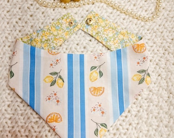 Lemon Print Dog Bandana, Reversible, Snap On Collar