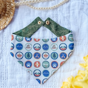 Hiking Patches Reversible Dog Bandana, Camping Forest Print, Snap-On Pet Collar