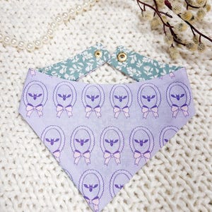 Peut inclure: Un bandana réversible pour animaux de compagnie avec un motif violet clair représentant des cadres ovales avec un motif de chauve-souris et de nœud. L'envers présente un motif floral dans les tons verts et blancs. Le bandana a des fermetures à pression dorées.