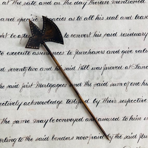 Antique Enamel Hatpin Shape of a Double Axe - image 8