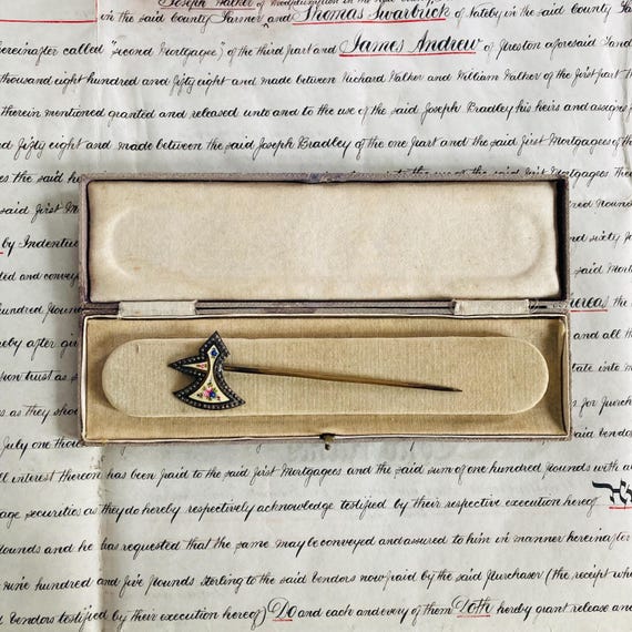 Antique Enamel Hatpin Shape of a Double Axe - image 5