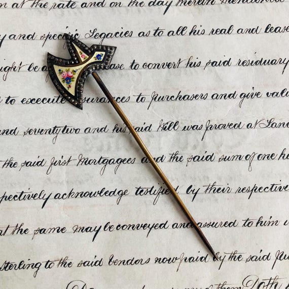 Antique Enamel Hatpin Shape of a Double Axe - image 1