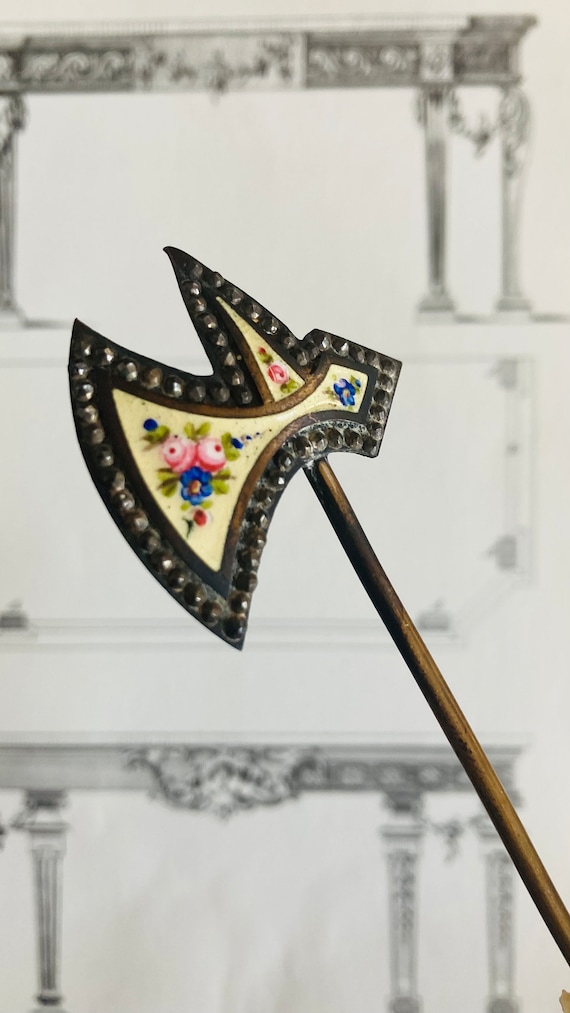 Antique Enamel Hatpin Shape of a Double Axe - image 4