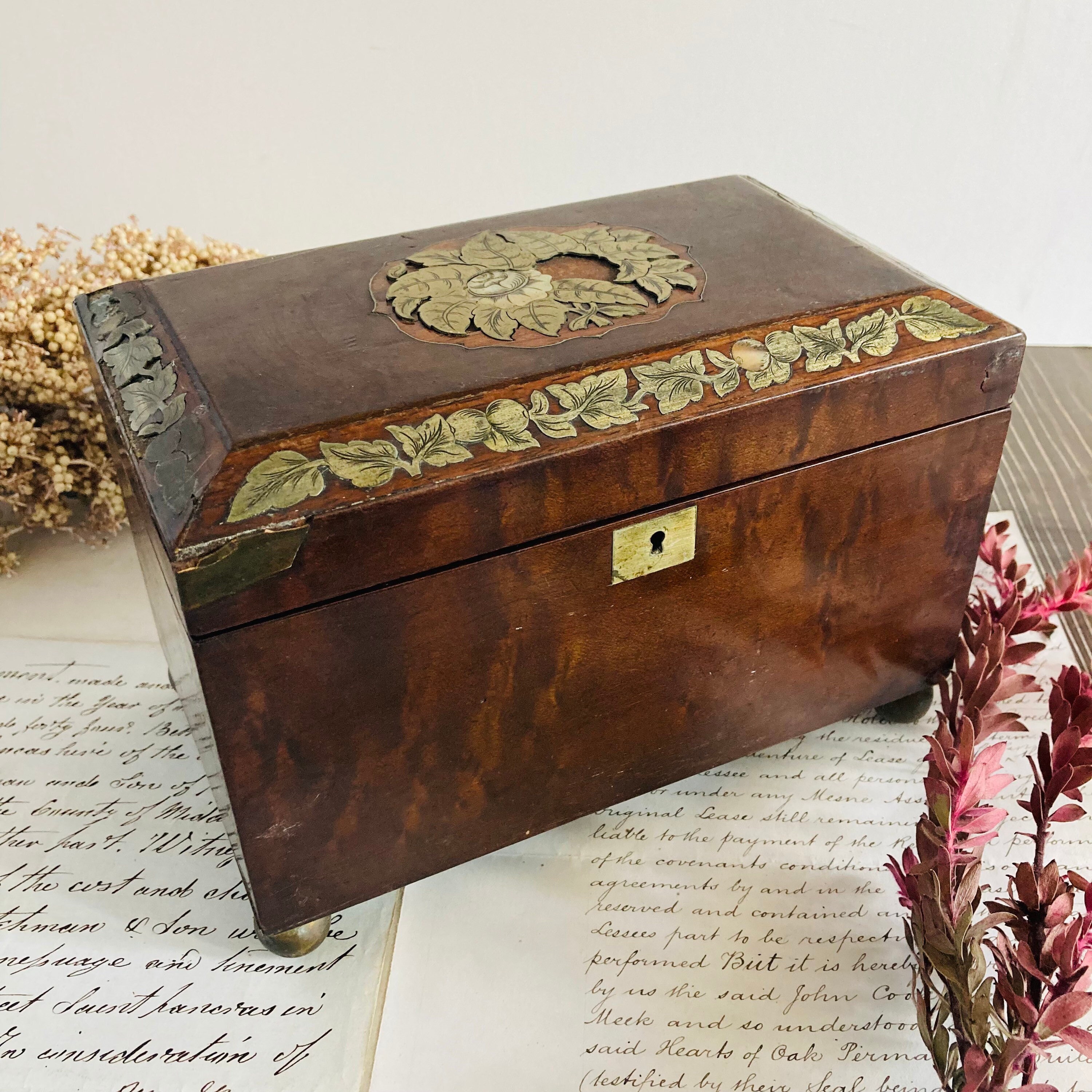 Antique Rosewood Tea Caddy With Brass and Mother of Pearl Etsy