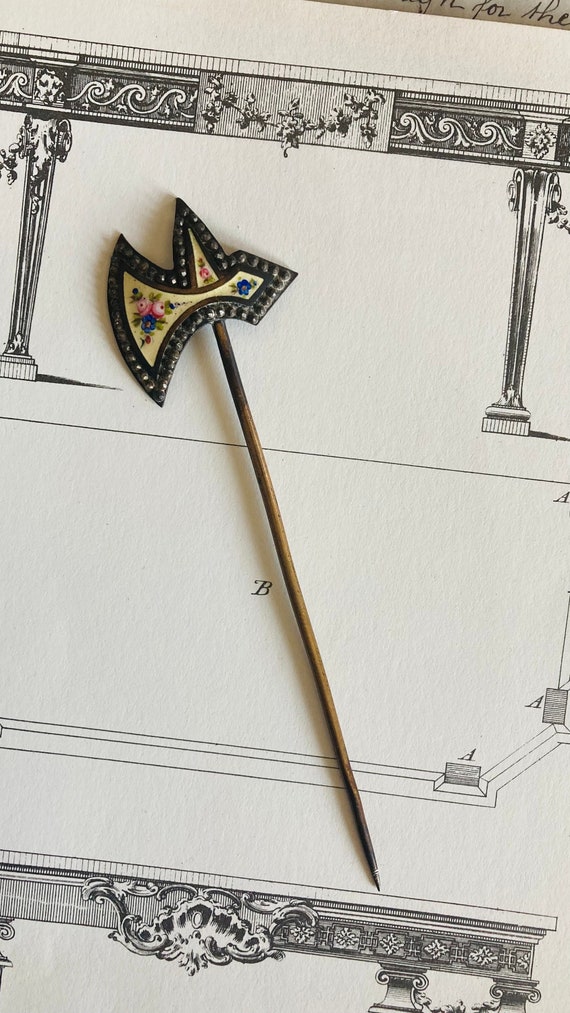 Antique Enamel Hatpin Shape of a Double Axe - image 3