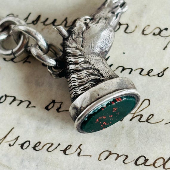 Antique Sterling Silver Bloodstone Horse Fob Albertine Chain Necklace
