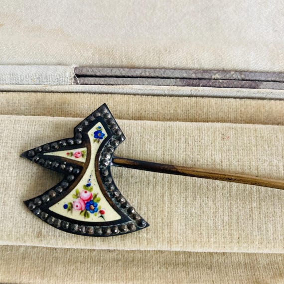 Antique Enamel Hatpin Shape of a Double Axe - image 6