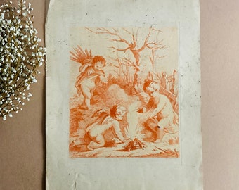 Gravure colorée du 19e siècle imprimée à la main