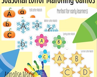Puede incluir: Un conjunto de cuatro juegos de coincidencia de letras para los primeros aprendices. Cada juego presenta una estación diferente: otoño, invierno, primavera y verano. Los juegos incluyen calabazas, copos de nieve, flores y soles con las letras A, B, C y D.