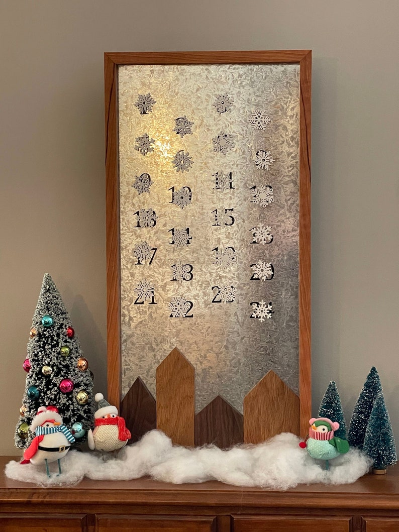 Handmade Wooden Advent Calendar with Moveable Houses and Snowflakes, Countdown to Christmas image 2