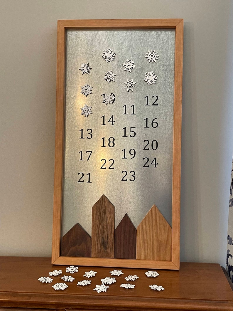 Handmade Wooden Advent Calendar with Moveable Houses and Snowflakes, Countdown to Christmas image 7