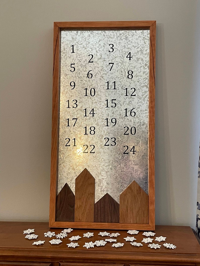 Handmade Wooden Advent Calendar with Moveable Houses and Snowflakes, Countdown to Christmas image 3