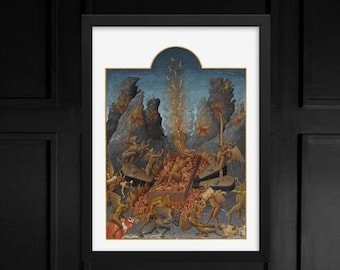 May include: A vintage illustration depicting a scene of hell with figures in a fiery landscape. The figures are surrounded by flames and smoke, and there are several winged figures in the background. The scene is set against a backdrop of rocky cliffs and a stormy sky.