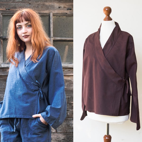 Kimono court en coton, veste portefeuille en coton bleu et marron