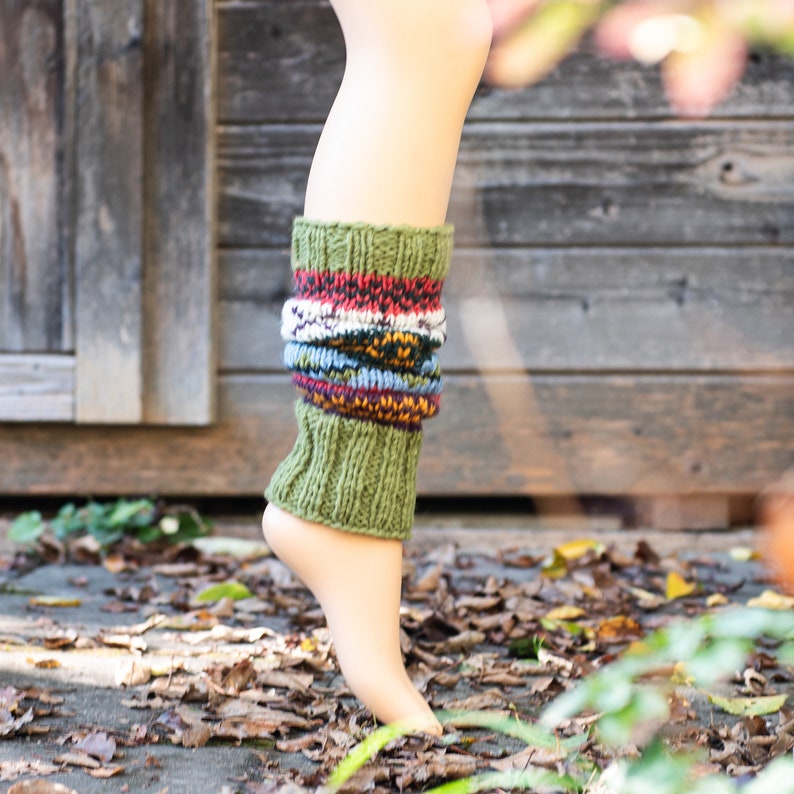 Colorful leg warmers made of sheep's wool lined with fleece, patterned, green, orange image 8