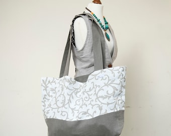 Große Tasche aus Leinen "Morgentau"  trapezförmig, Blumenranaken Muster, Oliv,  Weiß