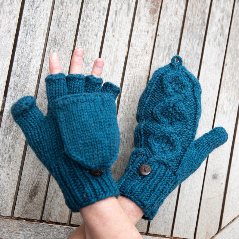 Fingerlose Handschuhe mit Kappe, Blau, Petrol, Grau Blau