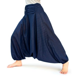 Harem pants made of cotton, ruffled waistband, unisex in gray Nachtblau