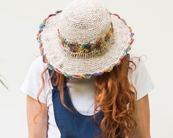 Summer hat crocheted from hemp and cotton with removable cuff in natural and rainbow colors