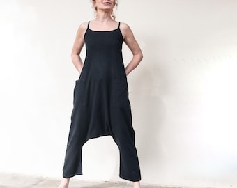 Baggy cotton dungarees with two pockets, black