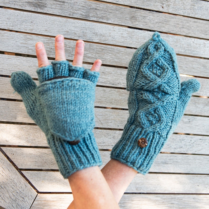 Fingerlose Handschuhe mit Kappe, Blau, Petrol, Grau Hellblau