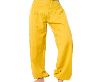 Pantaloni décolleté, S - M, L - XL cotone curry, giallo, salmone, fucsia, bianco, pantaloni harem da donna