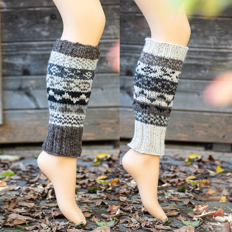 Patterned leg warmers made of sheep's wool lined with fleece, brown, natural white image 1