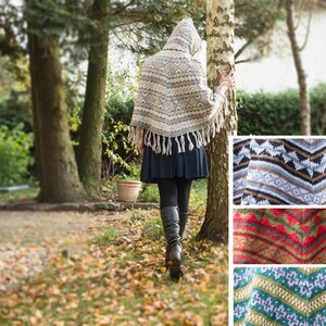 Poncho &quot;Lappland&quot; made of wool with a hood, red, gray white, black, brown, blue, sheep&#39;s wool