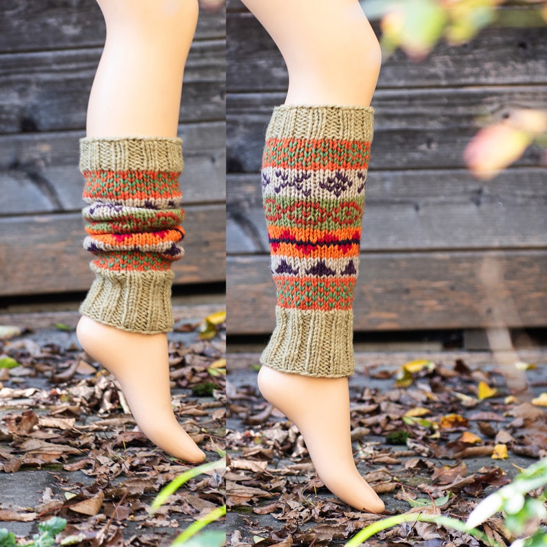 Colorful leg warmers made of sheep's wool lined with fleece, patterned, green, orange image 1