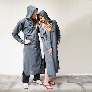 Unisex hooded kaftan made of cotton in gray and blue