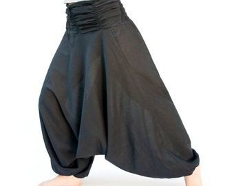 Cotton harem pants, ruched waistband, unisex in black