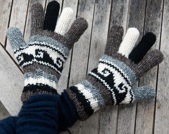 Handschuhe gemustert aus Wolle mit Fleece gefüttert, Weiß, Schwarz, Grau, Braun,