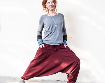 Unisex cotton harem pants with pockets, red, dark red, also available in extra long