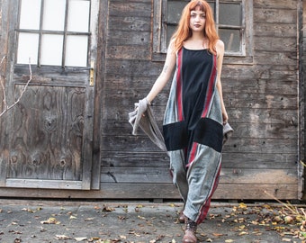 Jumpsuit, cotton harem dungarees with two pockets, striped, black, red, grey