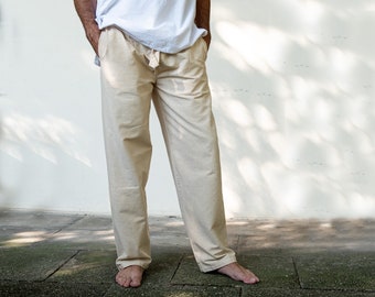 Straight cotton trousers with elastic waistband for men in natural tone and black