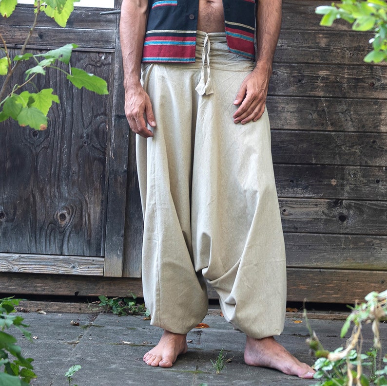 Harem pants made of cotton, ruffled waistband, unisex in gray Natur ohne Taschen