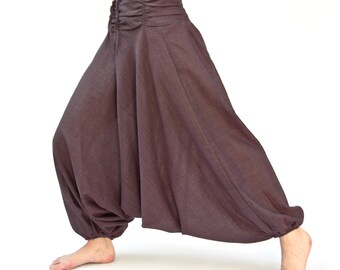 Pantaloni harem con tasche in cotone, cintura con volant, unisex in marrone rossastro, marrone, blu, oliva, nero