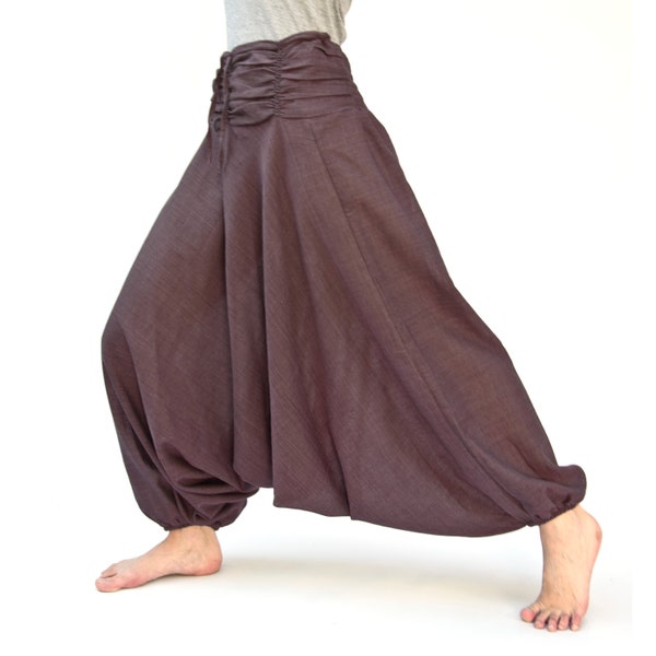 Harem pants with pockets made of cotton, ruffled waistband, unisex in reddish brown, brown, blue, olive, black