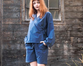 Kimono kurz aus Baumwolle, Wickeljacke aus Baumwolle in Blau, Schwarz, Braun, Rot, Grün