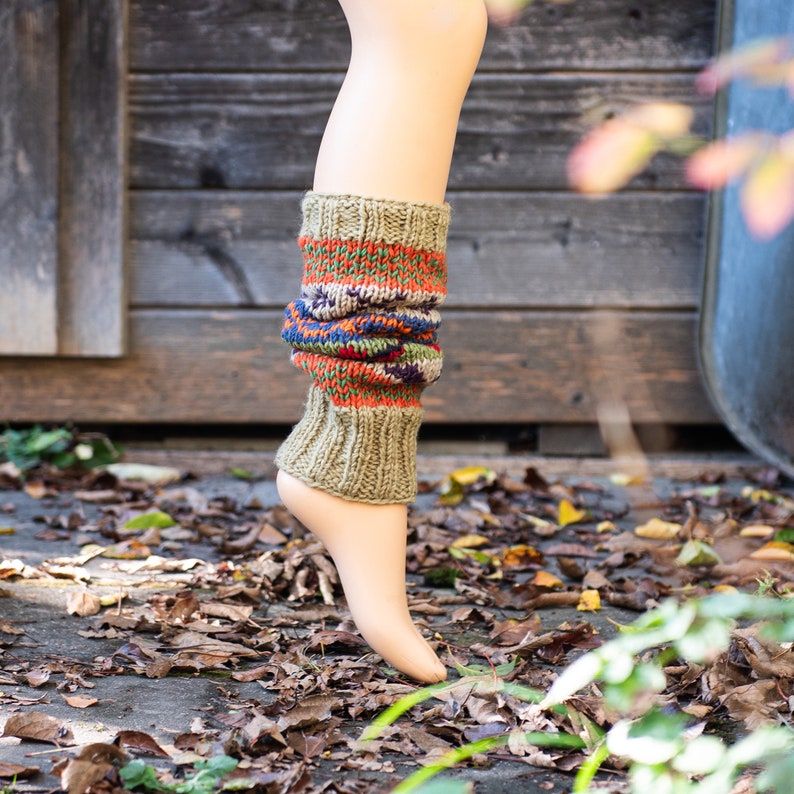 Colorful leg warmers made of sheep's wool lined with fleece, patterned, green, orange image 5