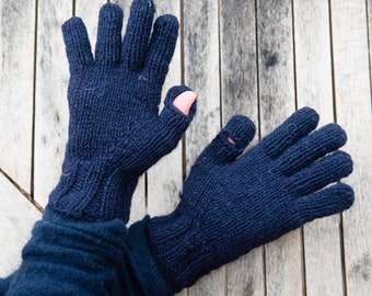 Handschuhe mit Daumenloch aus Wolle mit Fleece gefüttert, Dunkelblau