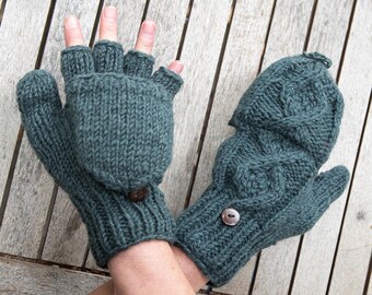 Fingerlose Handschuhe mit Kappe, Blau, Petrol, Grau