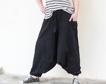 Harem trousers unisex cotton with pockets, black, white, also in extra long