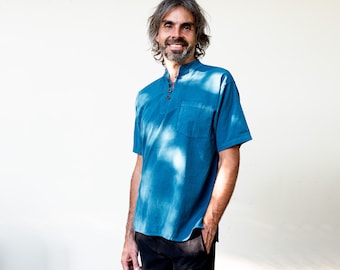 Plain short-sleeved men's shirt made of cotton, azure blue, blue