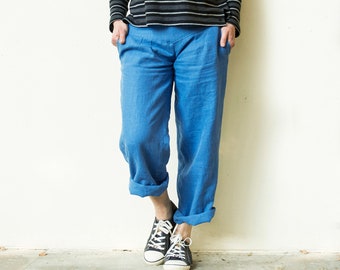 "Ännlin" trousers made of organic linen, vegetable dyed, wide trouser legs, blue, vegan, comfortable, casual