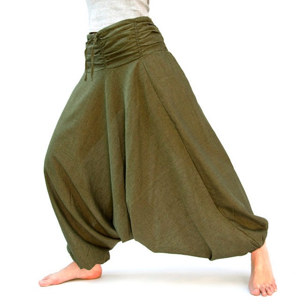 Harem pants with pockets made of cotton, gathered waist, unisex