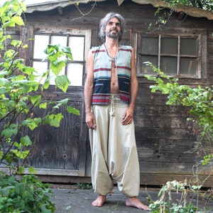 Cotton harem pants, gathered waist, unisex in natural white