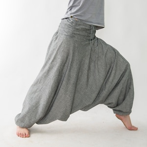 Cotton harem pants with a gathered waist, unisex in grey